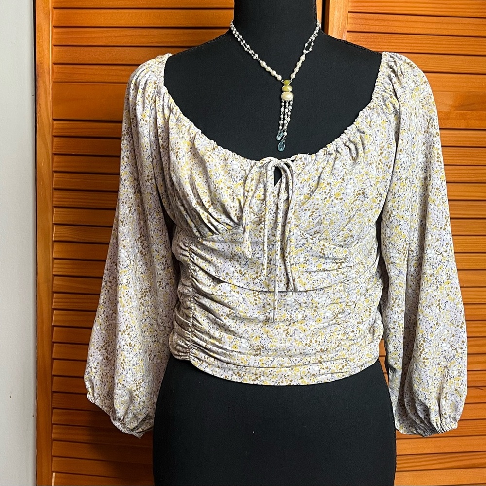 Astr Cream Ruched Tie Front Blouse with 3/4 Sleeves